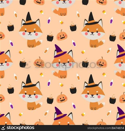 Cute Baby Fox in Halloween Seamless Pattern