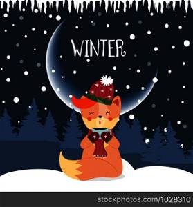 Cute baby fox in hat and scarf sitting on snow hold mug with hot drink at night winter background with fir trees and falling snowflakes Cartoon flat vector hand drawn illustration, scandinavian style. baby fox in hat mitens and scarf with hot drink