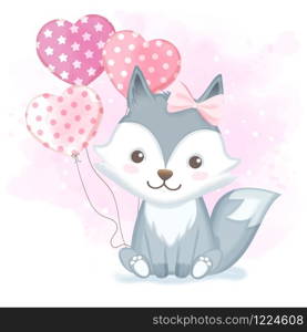 Cute baby fox with balloon hand drawn cartoon watercolor illustration