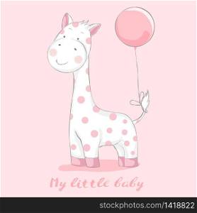cute baby giraffe with balloon cartoon for t-shirt, print, product, flyer ,patch, fabric, textile,tile,card, greeting fashion,baby, kid, shower, powder,soap, hand drawn style. vector illustration