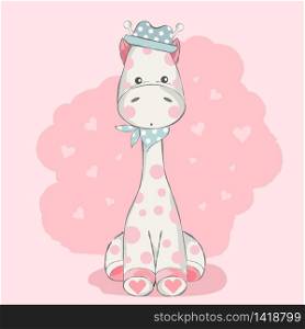 cute baby giraffe with hat cartoon for t-shirt, print, product, flyer ,patch, fabric, textile,tile,card, greeting fashion,baby, kid, shower, powder,soap, hand drawn style. vector illustration