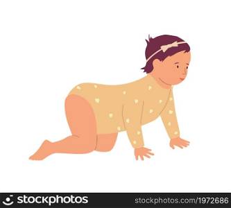 Cute baby girl crawling on floor. Cartoon happy toddler learning to walk. Isolated creeping adorable little child in romper. Infant actions. Human development. Vector parenting and infancy concept. Cute baby girl crawling on floor. Cartoon toddler learning to walk. Isolated creeping adorable child in romper. Infant actions. Human development. Vector parenting and infancy concept