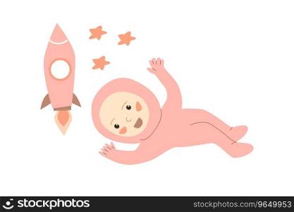 cute baby girl in aπnk suit, astronaut background. Vector illustration isolated. Baby girl flying in a space with rocket. cute baby girl in aπnk suit astronaut background