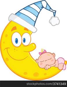 Cute Baby Girl Sleeps On The Smiling Moon With Sleeping Hat