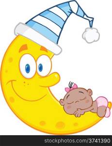 Cute Baby Girl Sleeps On The Smiling Moon With Sleeping Hat