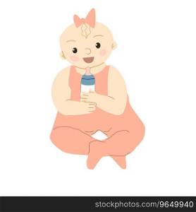 cute baby girl with bow holding baby bottle. Vector illustration isolated. . cute baby girl with bow holding baby bottle