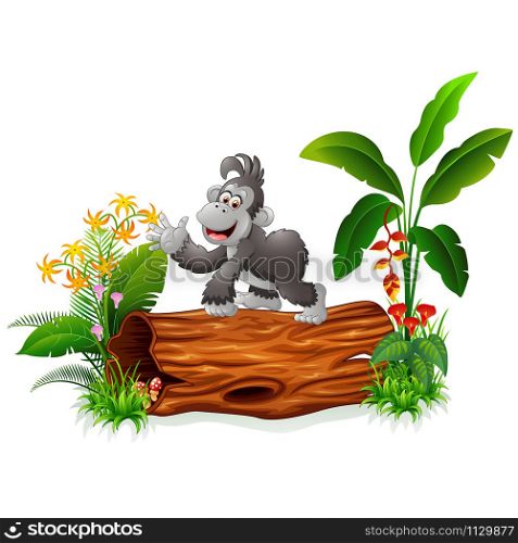 Cute baby gorilla posing on tree stump