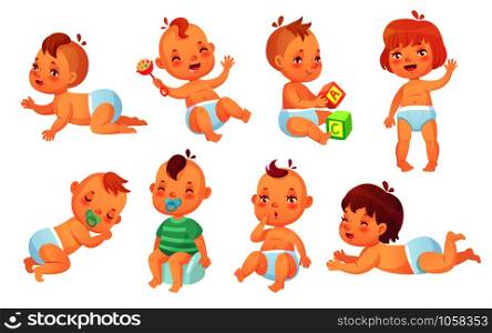 Cute baby. Happy cartoon babies, smiling and laughing toddler or infant newborn children in diapers. Sitting, sleeping and playing expression character. Isolated vector character icons set. Cute baby. Happy cartoon babies, smiling and laughing toddler isolated vector character set