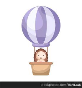 Cute baby hedgehog in the hot air balloon. Graphic element for childrens book, album, scrapbook, postcard, invitation, mobile game. Flat vector stock illustration isolated on white background.