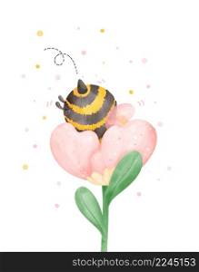 Cute baby honey bee with flower watercolor cartoon character hand painting illustration vector.