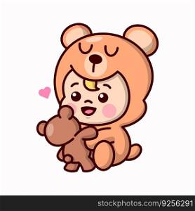 Cute baby in teddy bear costume and bringing a ted