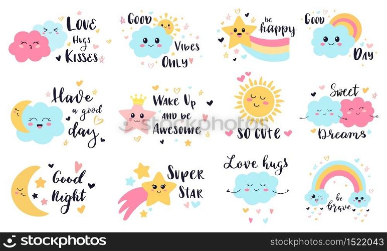 Cute baby labels. Kids sun, cloud and rainbow decorative stickers, cute babies smiling weather characters vector illustration symbols set. Rainbow and sun, summer happy sky with cloud. Cute baby labels. Kids sun, cloud and rainbow decorative stickers, cute babies smiling weather characters vector illustration symbols set