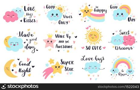 Cute baby labels. Kids sun, cloud and rainbow decorative stickers, cute babies smiling weather characters vector illustration symbols set. Rainbow and sun, summer happy sky with cloud. Cute baby labels. Kids sun, cloud and rainbow decorative stickers, cute babies smiling weather characters vector illustration symbols set