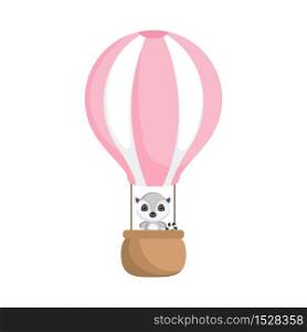 Cute baby lemur in the pink hot air balloon. Graphic element for childrens book, album, scrapbook, postcard, invitation, mobile game. Flat vector stock illustration isolated on white background.