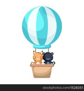 Cute baby lynx and panther in the hot air balloon. Graphic element for childrens book, album, scrapbook, postcard, invitation, mobile game. Flat vector stock illustration isolated on white background.