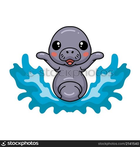 Cute baby manatee cartoon playing water
