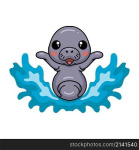 Cute baby manatee cartoon playing water