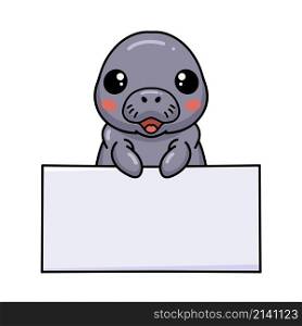 Cute baby manatee cartoon with blank sign