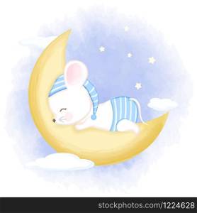 Cute baby mouse sleeping on moon hand drawn cartoon animal illustration