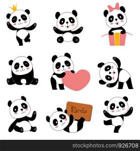 Cute baby pandas. Toy animals chinese symbols panda bear adorable funny baby mascot vector characters collection in cartoon style. Illustration of panda bear, animal chinese nature. Cute baby pandas. Toy animals chinese symbols panda bear adorable funny baby mascot vector characters collection in cartoon style