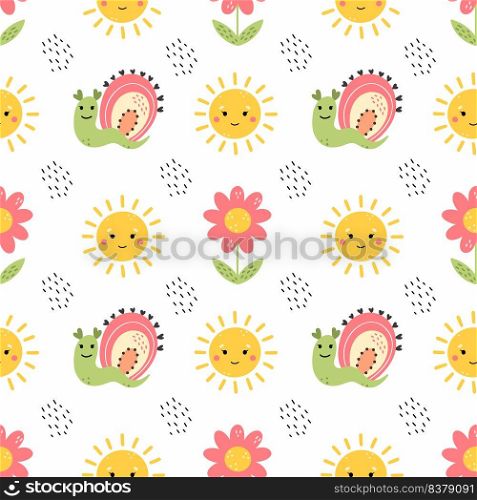 Cute baby pattern. Snail with rainbow. Summer background in nursery. Wallpaper for printing on fabric and packaging paper.