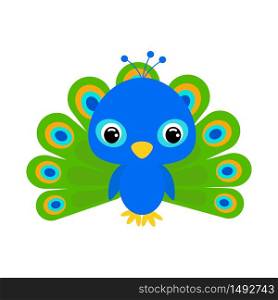 Cute baby peacock. Cartoon character for decoration and design of the album, scrapbook, baby card and invitation. Flat vector stock illustration on white background