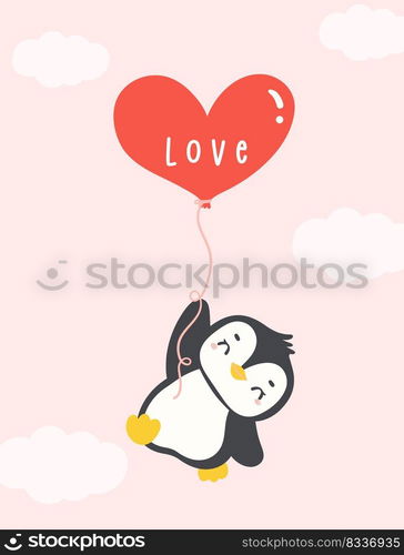 Cute baby penguin Valentine with heart cartoon animal hand drawing illustration.