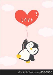 Cute baby penguin Valentine with heart cartoon animal hand drawing illustration.