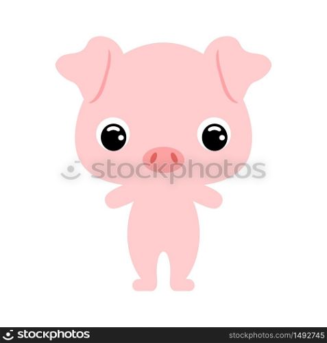 Cute baby pig. Cartoon character for decoration and design of the album, scrapbook, baby card and invitation. Domestic animal. Flat vector stock illustration on white background