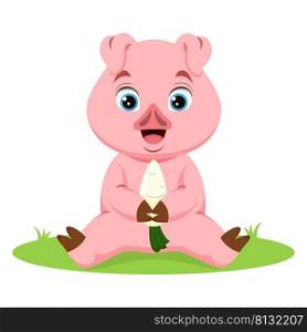 Cute baby pig cartoon holding white radish
