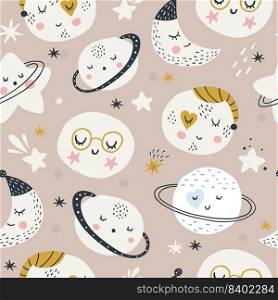 Cute baby planets and stars of solar system seamless pattern. Colored flat vector illustration of cosmos background.. Cute baby planets and stars of solar system seamless pattern. Colored flat vector illustration of cosmos background