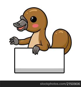 Cute baby platypus cartoon with blank sign