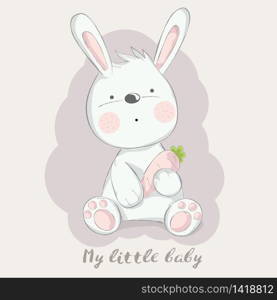 cute baby rabbit cartoon for t-shirt, print, product, flyer ,patch, fabric, textile,tile,card, greeting fashion,baby, kid, shower, powder,soap, hand drawn style. vector illustration