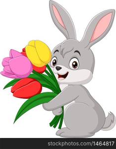 Cute baby rabbit holding a flowers