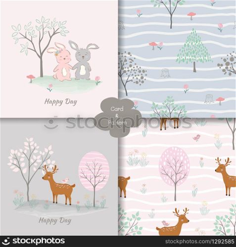 Cute baby rabbits with deer cartoon seamless pattern and card,for decorative,fabric,wrapping paper,textile,wallpaper or background,vector illustration