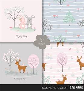 Cute baby rabbits with deer cartoon seamless pattern and card,for decorative,fabric,wrapping paper,textile,wallpaper or background,vector illustration