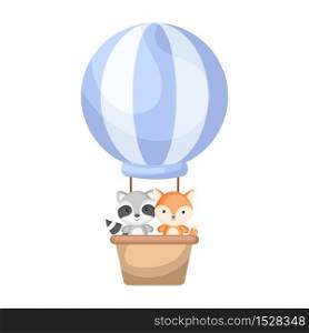 Cute baby raccoon and fox in the hot air balloon. Graphic element for childrens book, album, scrapbook, postcard, invitation, mobile game. Flat vector stock illustration isolated on white background.