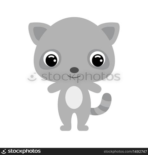 Cute baby raccoon. Cartoon character for decoration and design of the album, scrapbook, baby card and invitation. Forest animal. Flat vector stock illustration on white background