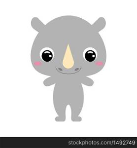 Cute baby rhinoceros. Cartoon character for decoration and design of the album, scrapbook, baby card and invitation. African animal. Flat vector stock illustration on white background