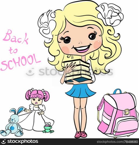 Cute baby school girl with books and schoolbag