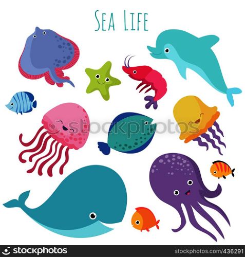 Cute baby sea fishes. Vector cartoon underwater animals collection. Jellyfish and starfish, ocean and sea life illustration. Cute baby sea fishes. Vector cartoon underwater animals collection