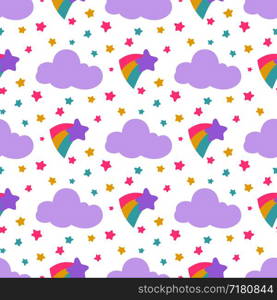 Cute baby seamless pattern with stars, clouds, rainbow colored. Vector illustration. Cute baby seamless pattern with stars, clouds, rainbow