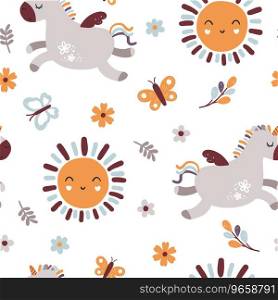 Cute baby seamless pattern with unicorns. Creative Scandinavian kids texture for fabric, wrapping, textile, wallpaper, apparel.. Cute baby seamless pattern with unicorns.