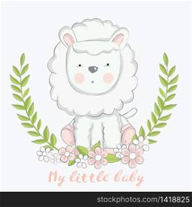 cute baby sheep with leaves cartoon for t-shirt, print, product, flyer ,patch, fabric, textile,tile,card, greeting fashion,baby, kid, shower, powder,soap, hand drawn style. vector illustration