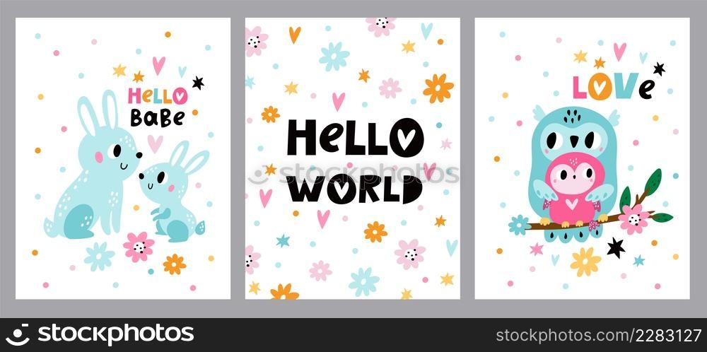 Cute baby shower animals cards. Kids birthday invitation posters. Hello world greeting banners. Funny owl and bunny with little children. Happy rabbits and birds families. Vector holiday postcards set. Cute baby shower animals cards. Kids invitation posters. Hello world greeting banners. Funny owl and bunny with little children. Rabbits and birds families. Vector holiday postcards set