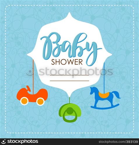 Cute baby shower arrival card with colorful boy toys on blue background. Design template for greeting, invitation, banner. Congratulations to the newborn boy. Vector illustration in flat style.. Cute baby shower arrival card with colorful boy toys on blue background. Design template for greeting, invitation, banner. Congratulations to the newborn boy. Vector illustration in flat style