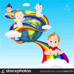 cute baby sliding on rainbow in sky