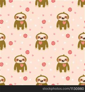 Cute baby sloth and pink heart seamless pattern. Lovely animal in Valentine concept.