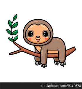 Cute baby sloth cartoon hanging on tree branch