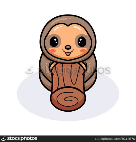 Cute baby sloth cartoon with stump tree